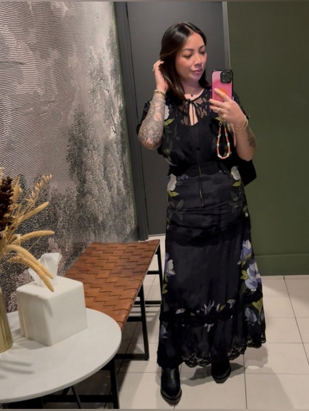 Farm Rio Soft Garden Laces Slip Dress Floral Black Maxi XS
